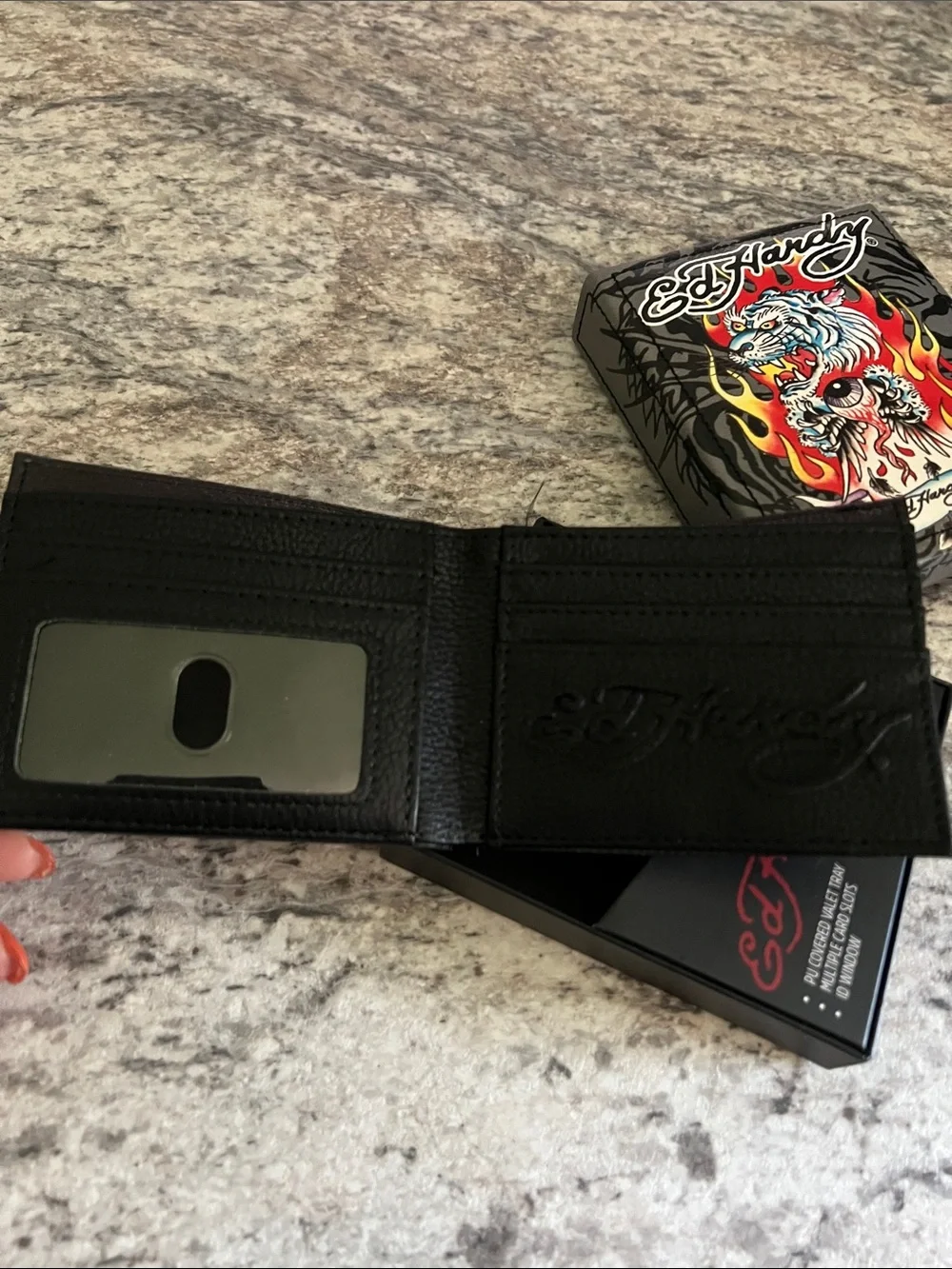 Ed Hardy Men’s Black Wallet with Red and Yellow Tiger Graphic with Gift Box NWT